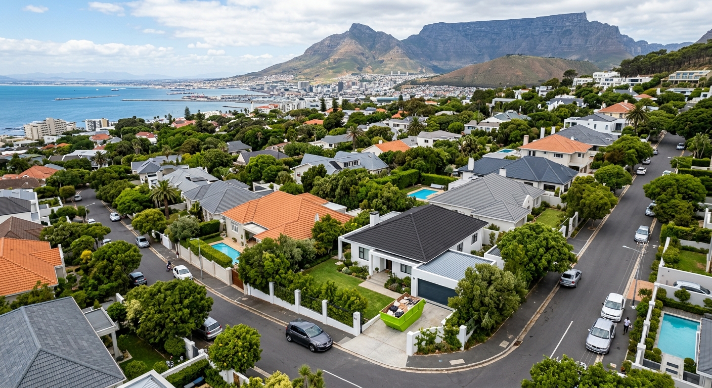 Skip Hire Prices - aerial view of Cape Town suburb with skip bin on residential driveway | Skip Hire Cape Town
