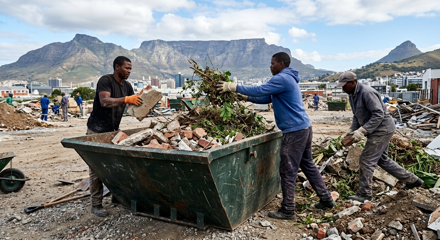 Skip Hire Prices - workers sorting garden refuse and rubble into skip bin in Cape Town | Skip Hire Cape Town