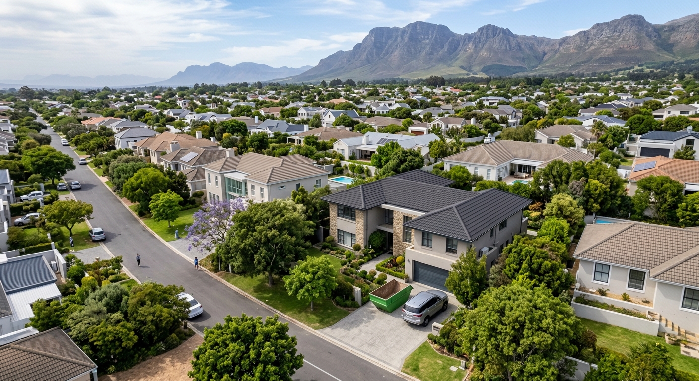 Skip Hire Somerset West - aerial view of Somerset West suburb with skip bin on residential driveway | Skip Hire Cape Town