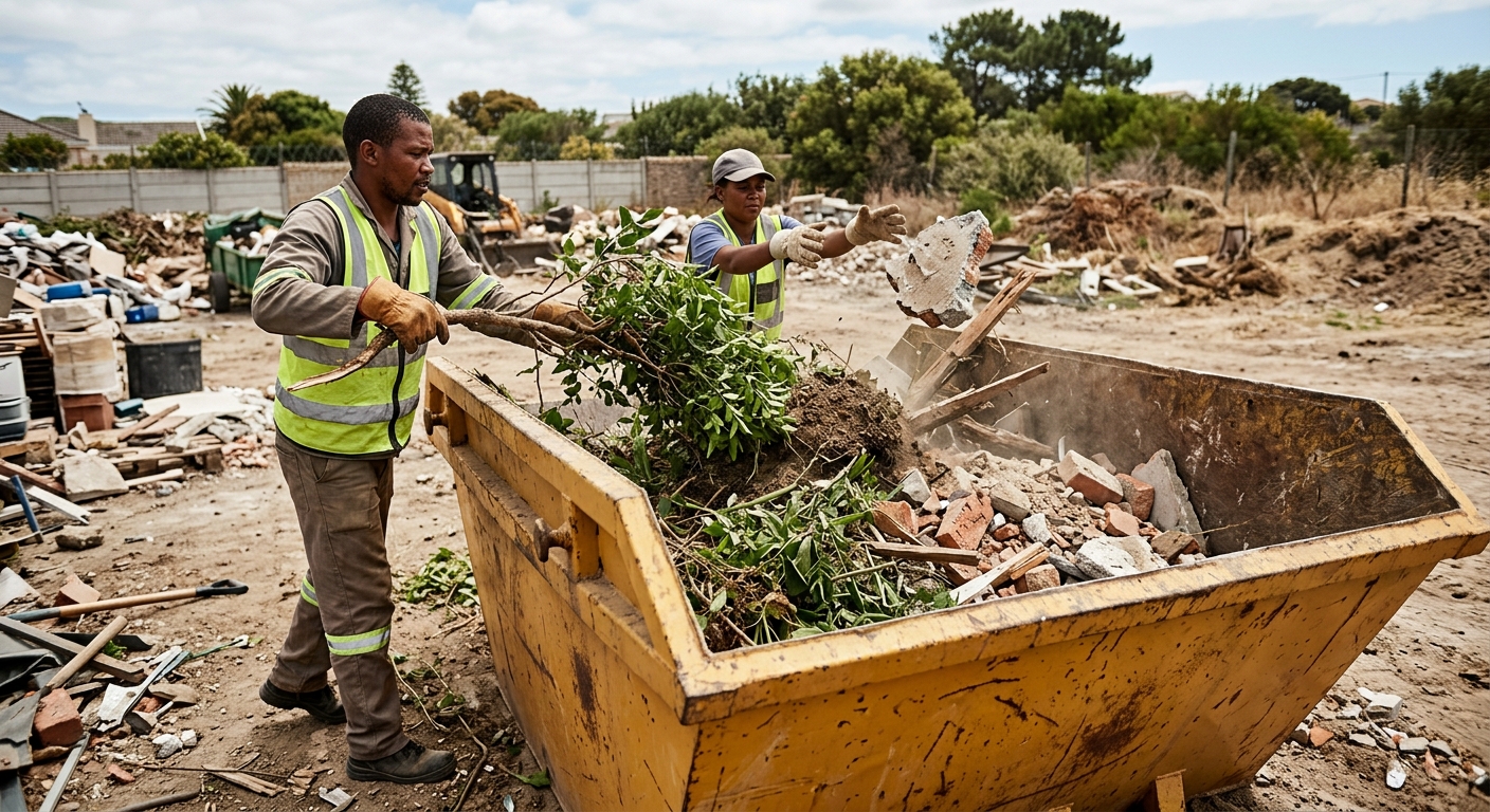 Skip Hire Somerset West - workers sorting garden refuse and rubble into skip bin in Somerset West | Skip Hire Cape Town