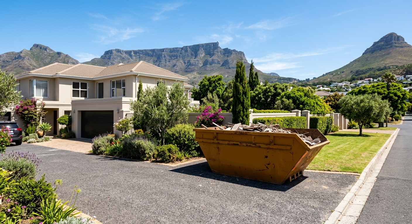 Skip Hire Stellenbosch - large skip bin in Stellenbosch driveway with Table Mountain backdrop | Skip Hire Cape Town