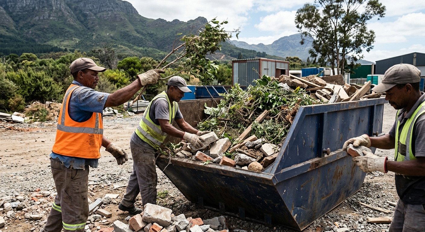 Skip Hire Stellenbosch - workers sorting garden refuse and rubble into skip bin in Stellenbosch | Skip Hire Cape Town