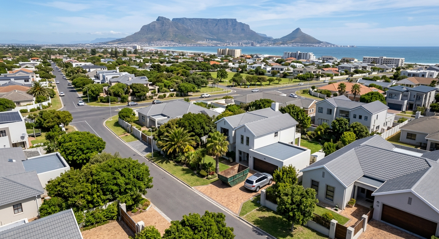 Skip Hire Table View - aerial view of Table View suburb with skip bin on residential driveway | Skip Hire Cape Town