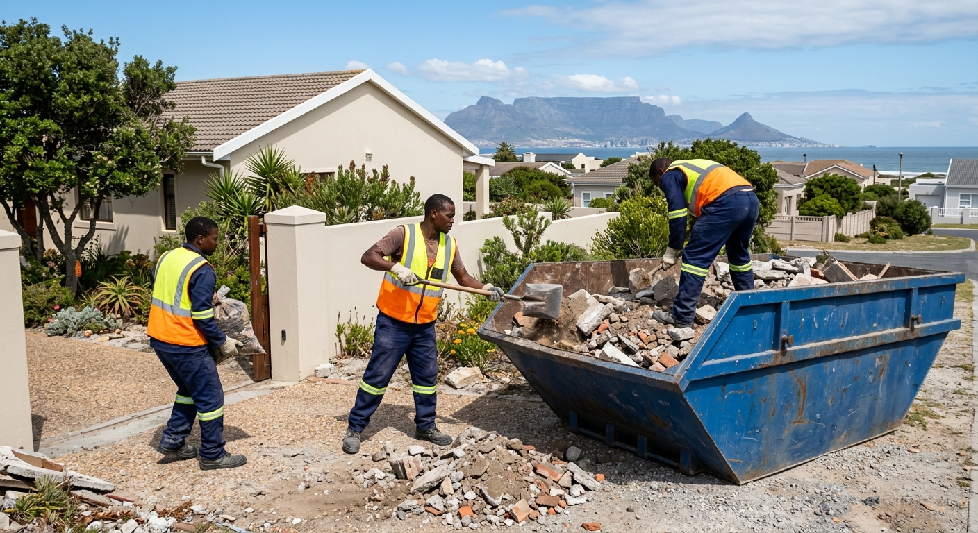 Skip Hire Table View - workers loading skip bin with rubble and waste in Table View | Skip Hire Cape Town