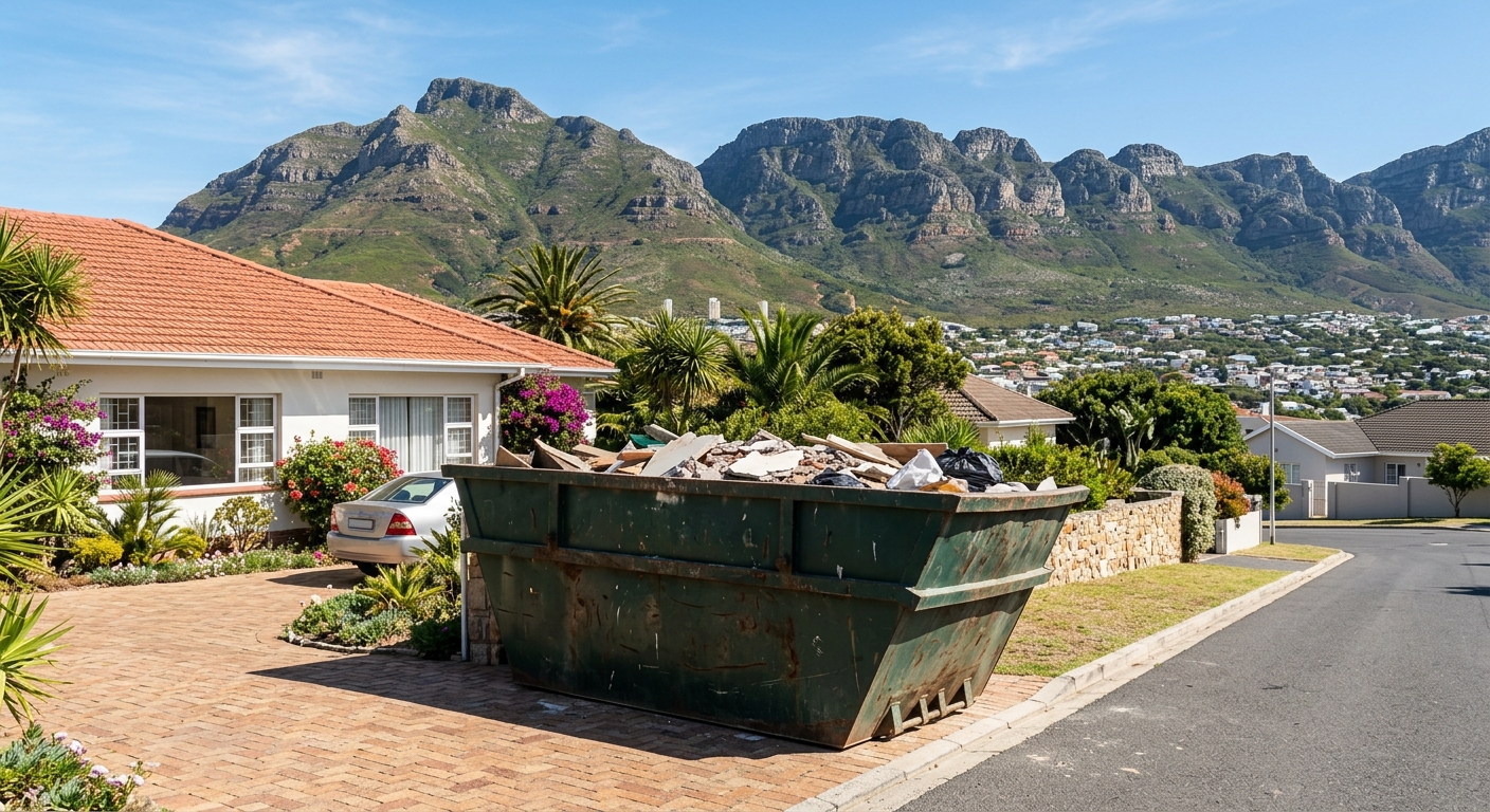 Skip Hire Woodstock - large skip bin in Woodstock driveway with Table Mountain backdrop | Skip Hire Cape Town