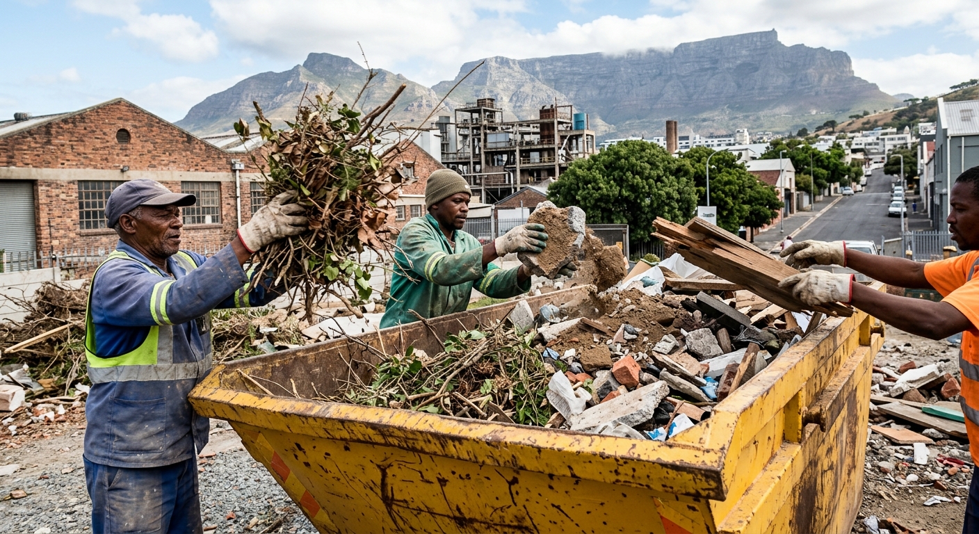 Skip Hire Woodstock - workers sorting garden refuse and rubble into skip bin in Woodstock | Skip Hire Cape Town