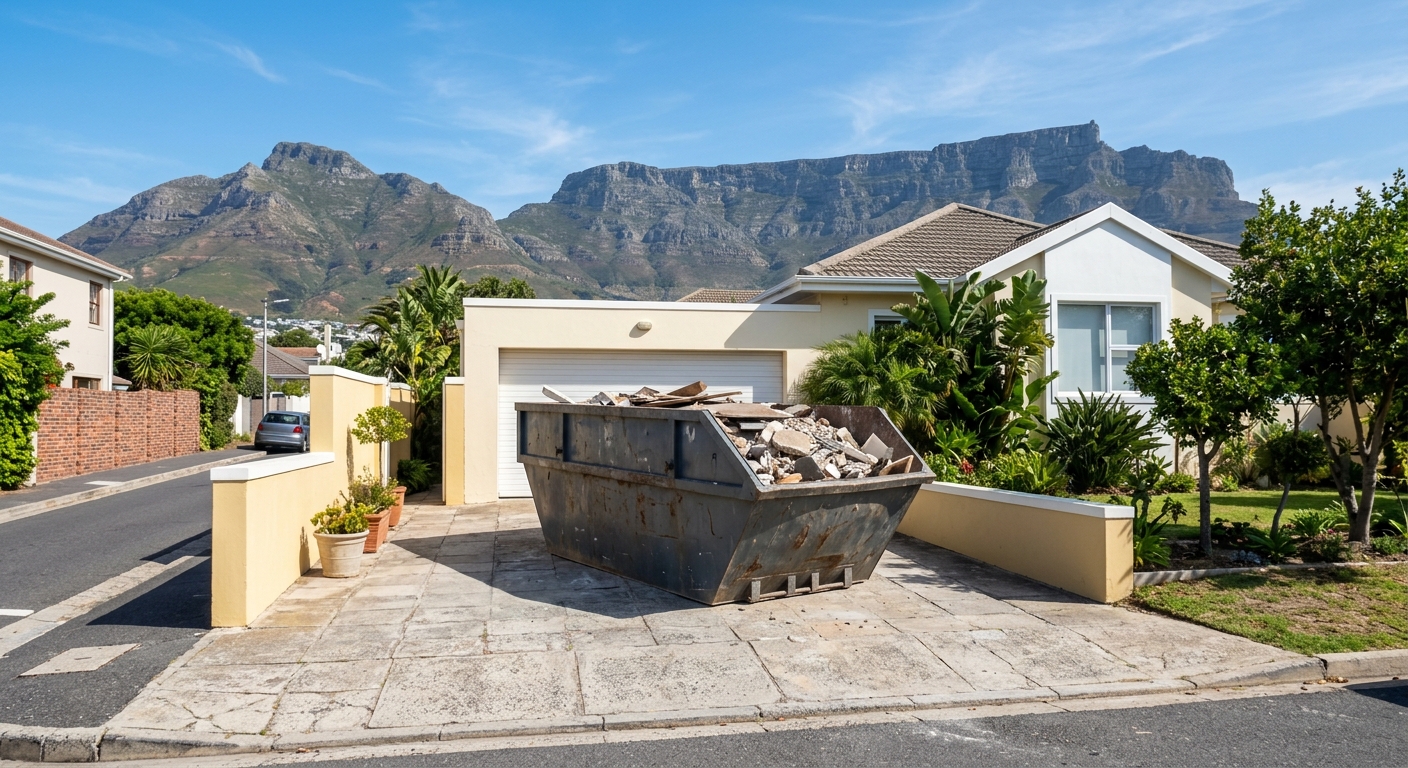 What Size Is a 2 Cube Skip - large skip bin in Cape Town driveway with Table Mountain backdrop | Skip Hire Cape Town