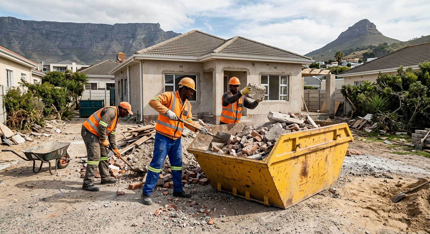 What Size Is a 2 Cube Skip - workers loading skip bin with rubble and waste in Cape Town | Skip Hire Cape Town