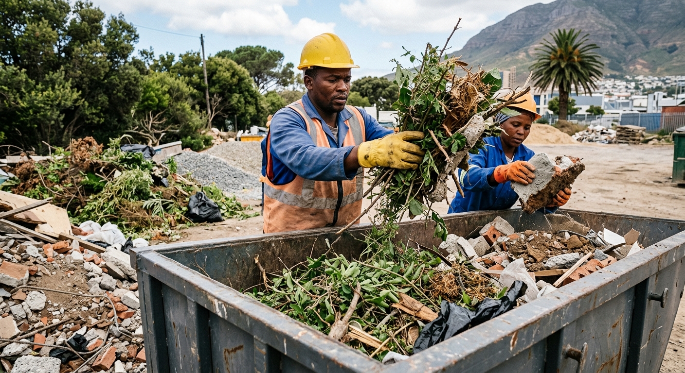 What Size Is a 2 Cube Skip - workers sorting garden refuse and rubble into skip bin in Cape Town | Skip Hire Cape Town